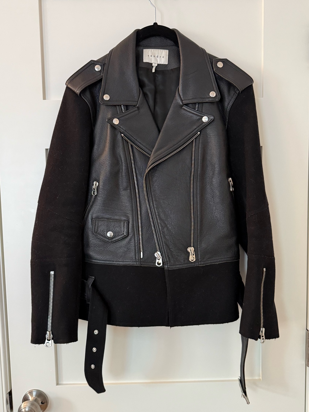 Sandro Black Belted Leather & Wool Moto Biker Jacket